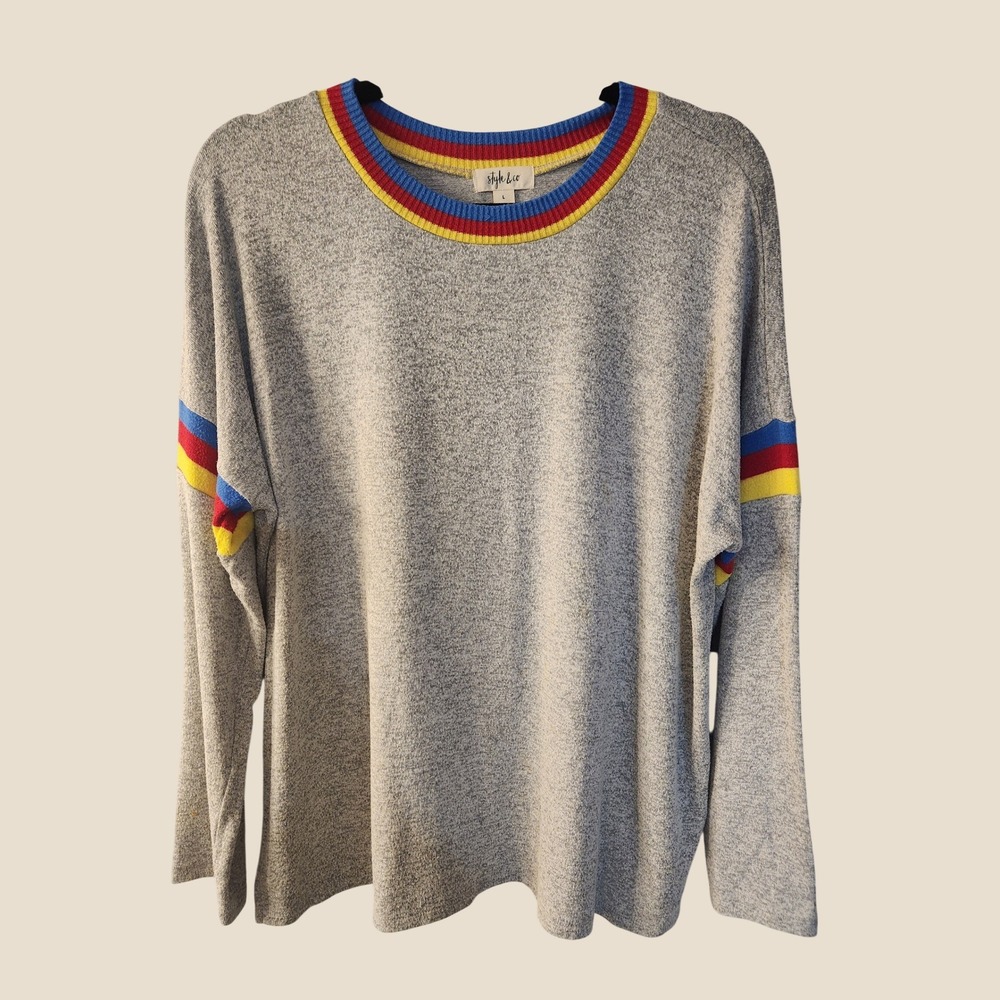 Style & Co Womens GrayHeather Striped CrewNeck Sweater Large Retro Preppy Sporty